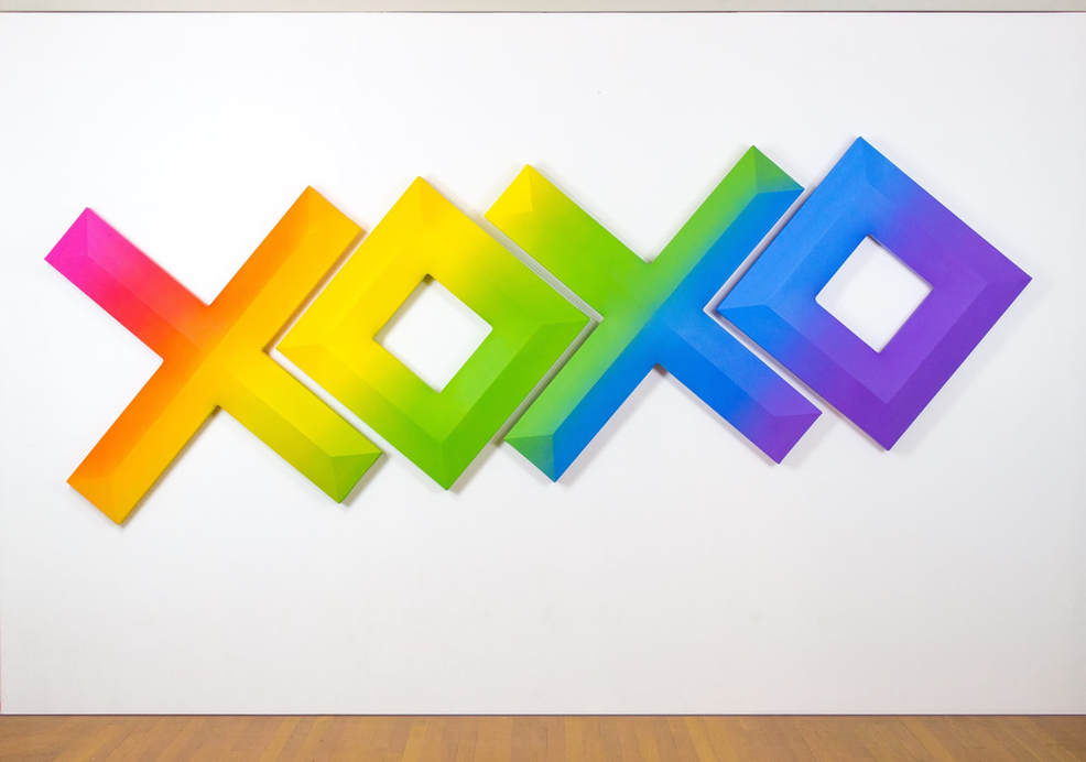 tim kent art xoxo shaped canvas painting with rainbow gradient
